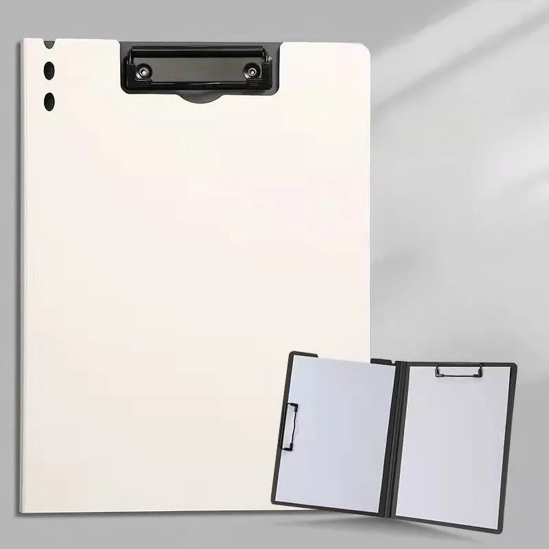 A4 Foldable Clipboard 360 Double Metal Clips Horizontal Vertical Pen Qme White