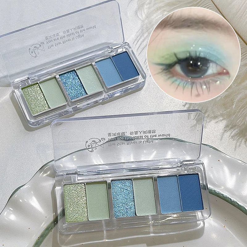 6Color Glitter Eyeshadow Strip Palette Brightening Waterproof Matte Gradient Blue-green Summer Lying Silkworm Eye Pigment Makeup Qme