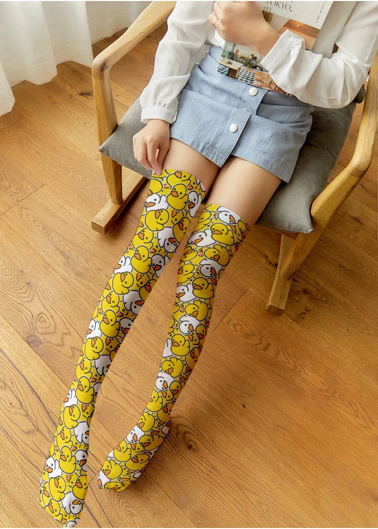 Fashion Yellow Cartoon Duck Women's Stockings 3d Printing Harajuku Qme