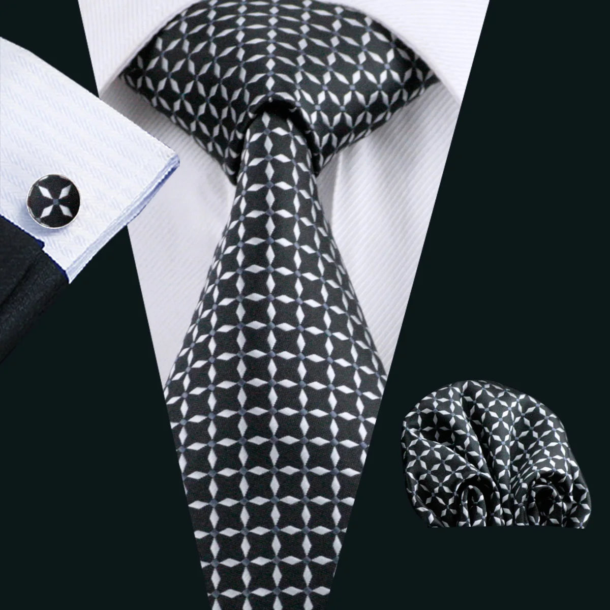 Black Geometric Tie Men Wedding Party Necktie Handkerchief Cravat