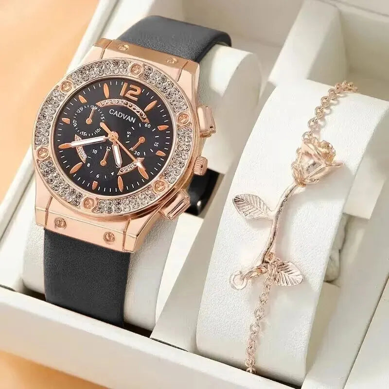 2pcs/set Watches Set Luxury Rhinestone Women Fashion Elegant Wristwatch Quartz Watch Qme black