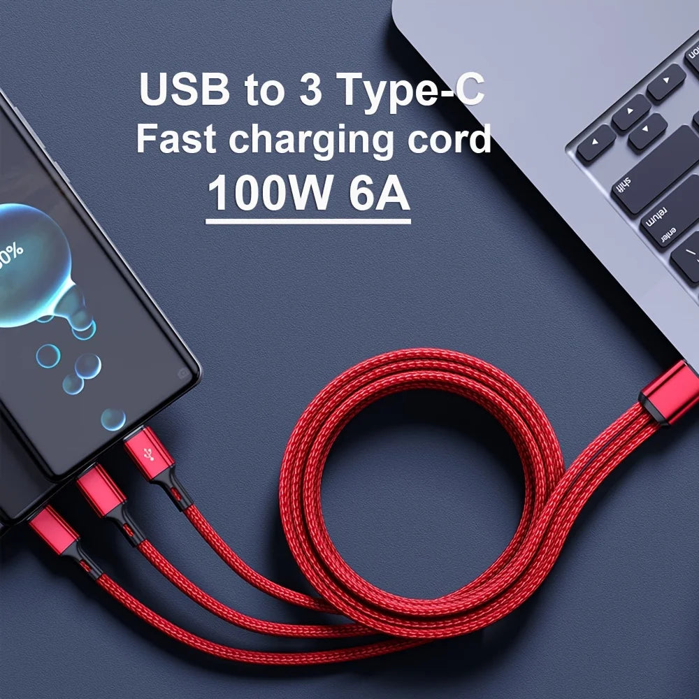 100W 3 in 1 USB to Type-C Fast Charging Data Cable PD Mobile Phone Quick Charge Braided Cord For Samsung Xiaomi 14 iPhone 15 14 Qme