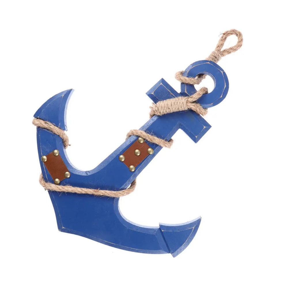 Nautical Anchor Wall Hanging Decor Blue Distressed Finish Wooden Rope Accent Mediterranean Style Ship Anchors Shaped Decor Qme