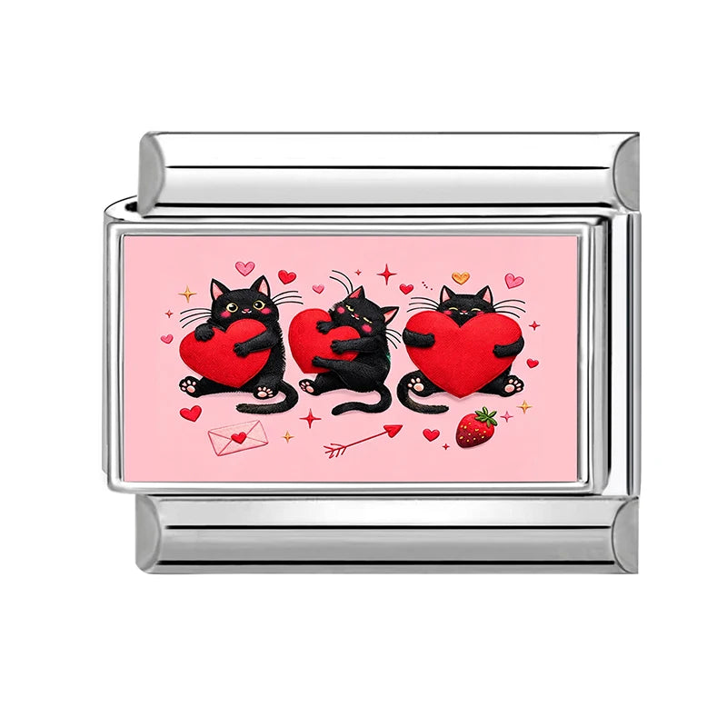 Romantic Cute Cats Hug Red Hearts Dog Duck Animal Series Italian Charm Links Fit 9mm Stainless Steel Bracelet Jewelry DIY Making Qme Style 9
