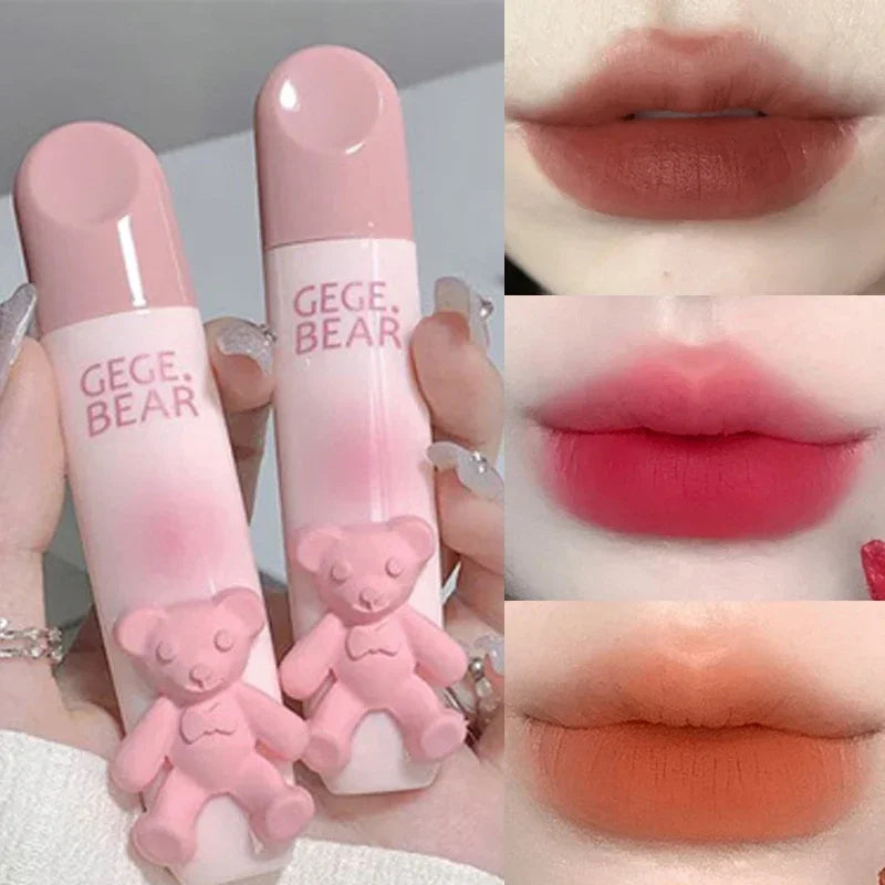 Cute Bear Lip Gloss Waterproof Long Lasting Non Fading Matte Lip Glaze Moisturing Non-marking Red Brown Velvet Liquid Lipsticks Qme