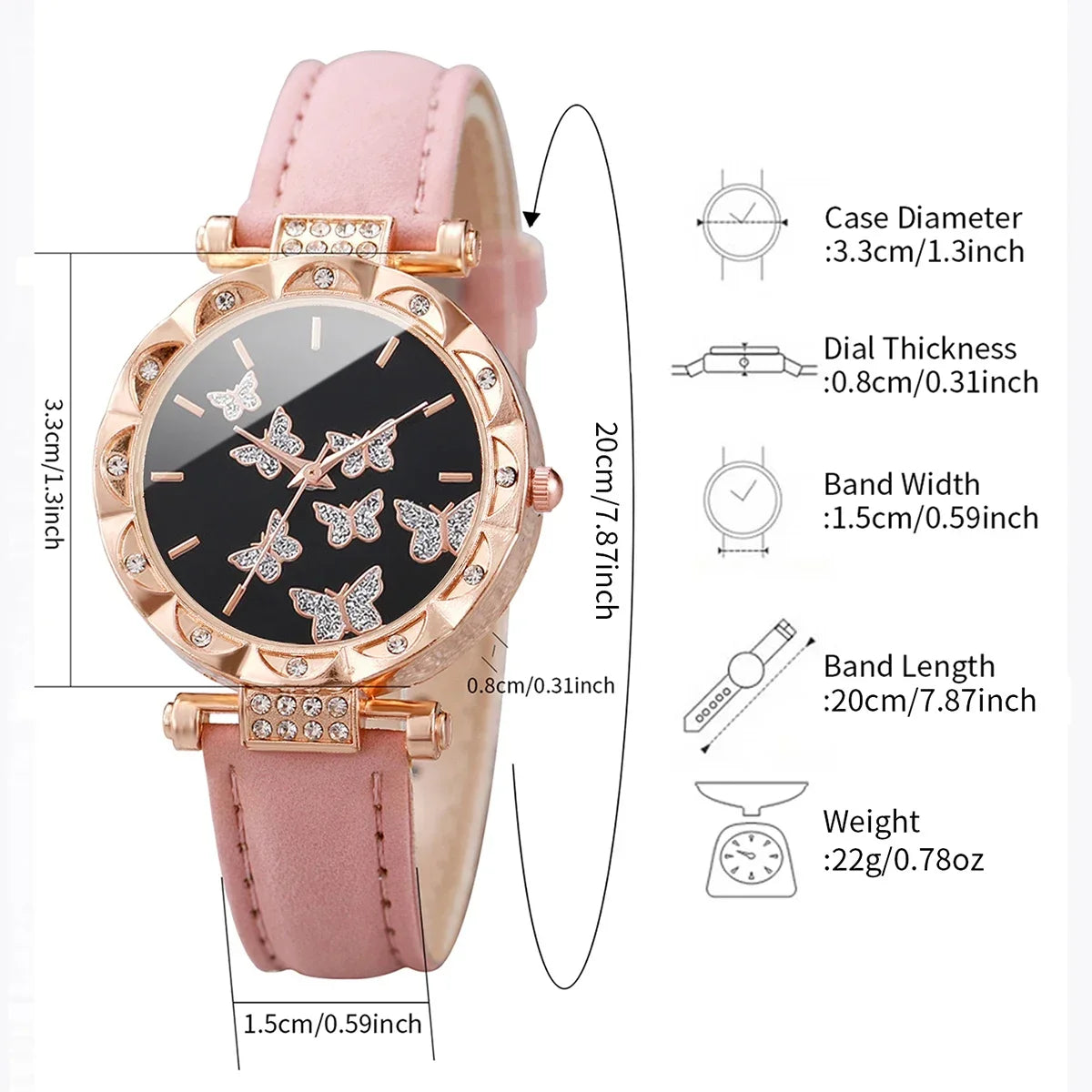 6pcs/set Fashion Butterfly Dial Women Watches Rhinestone Leather Band Quartz Watch Pearls Butterfly Jewelry Set(Without Box) Qme