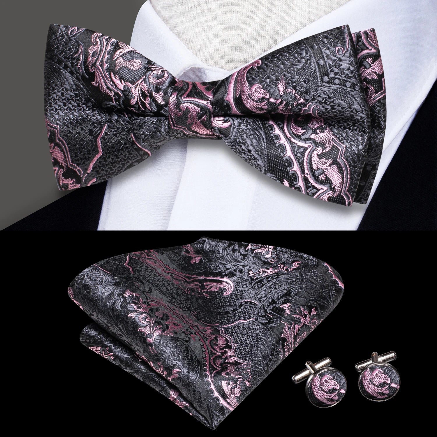 Hi-tie Dusty Pink Silk Mens Solid Sage Green Pre-tied Bow Tie Hanky