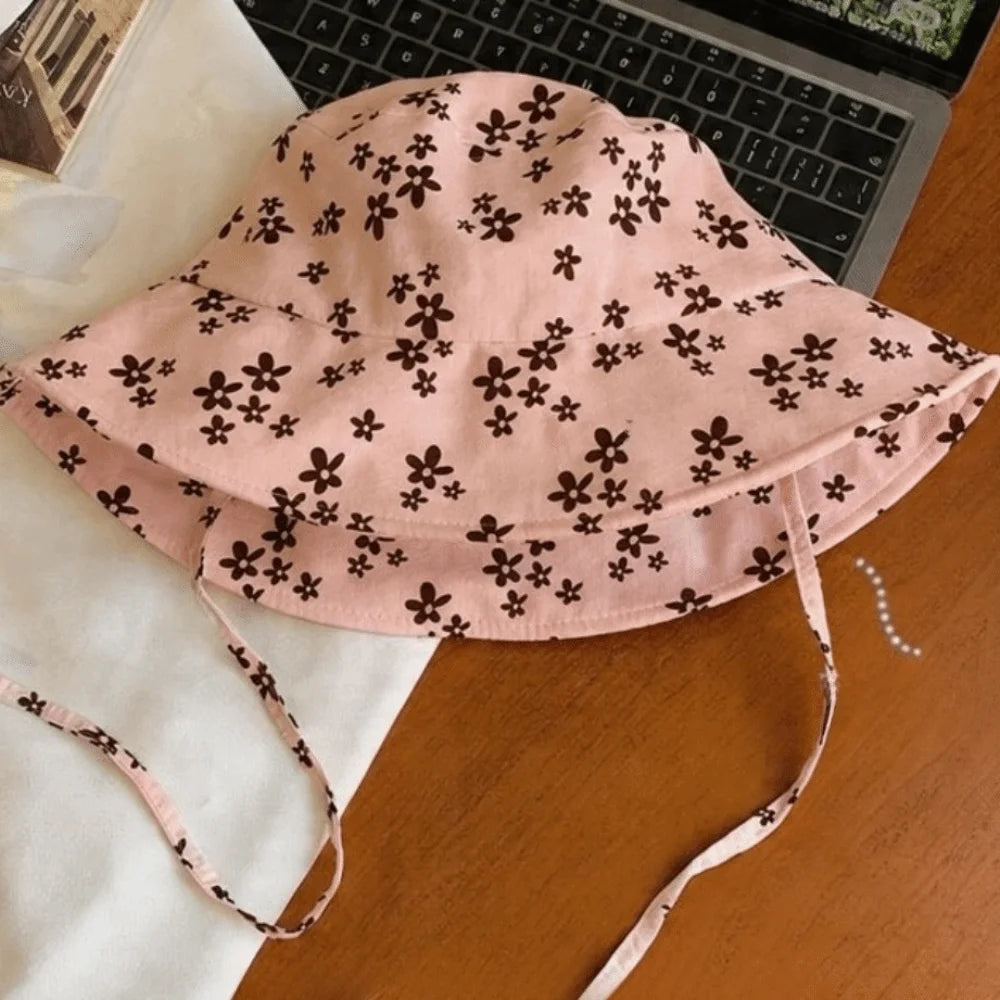 Cute Polyester Floral Print Bucket Hat Double Sided Adjustable Sun Hat Wide Brim Foldable Basin Cap Women Qme Pink