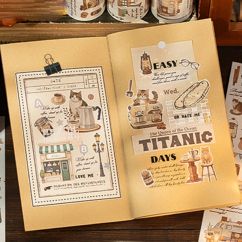 Coffee & Cats Washi Tape, Decorative Craft Tape for Journaling & Scrapbooking, Versatile for Stationery & DIY Lovers Qme