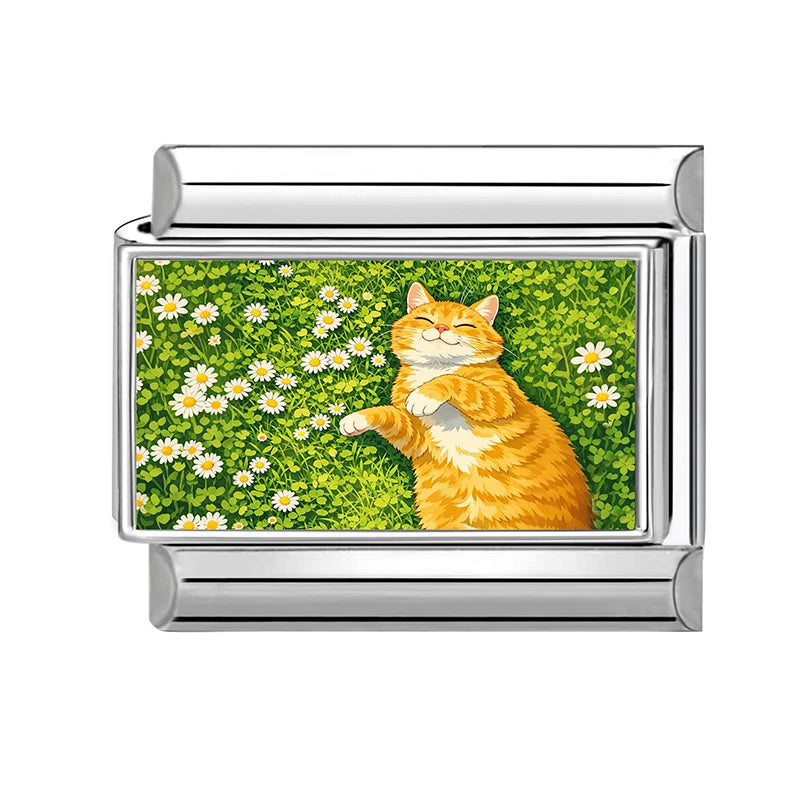 Fashion Green Grassland Daisy Flowers Cats Series Italian Charms Fit 9mm Stainless Steel Women Fashion Bracelet DIY Jewelry Gift Qme Style 6