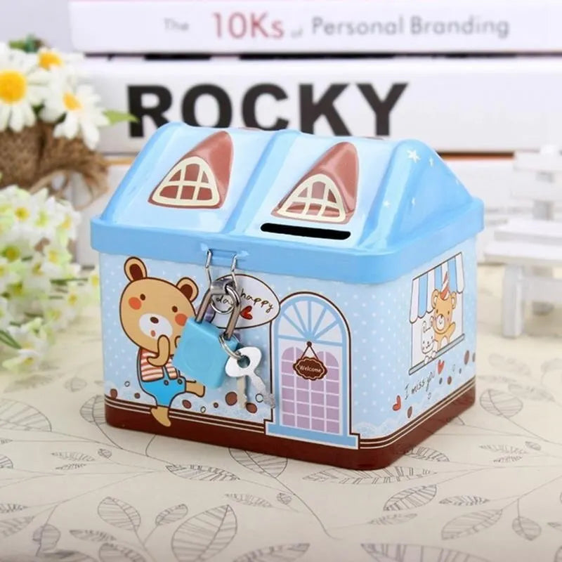 Cute Bear House Coin Box Creative Metal Bank Currency Box Coin Bank Children's Savings Tank Birthday And Christmas Gift Rabbit Qme
