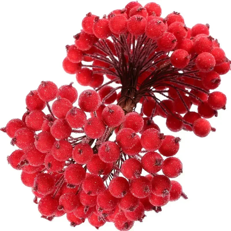 Artificial Frosted Holly Berries Mini Christmas Fake Fruit Berries Bouquet Stamen for DIY Wreath Xmas Party Home Decoration Qme Red 100PCS-(5 Bundles)