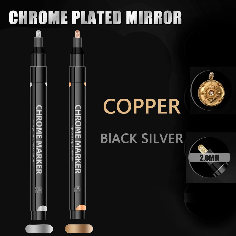1/2 Pcs Mirror Chrome Metallic Markers, Waterproof Paint Repair,For Rock Ceramic Glass Metallic 2mm Nib, Painting DIY Craft Qme Black Silver-Copper