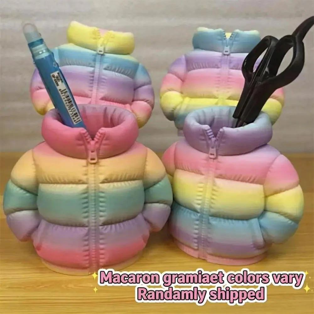 Down Jacket-Shaped Pen Holder Desktop Organizer for Stationery Makeup Brushes Home Office Shelf Decor, for Shool Gift Qme Rainbow 7.5x8CM