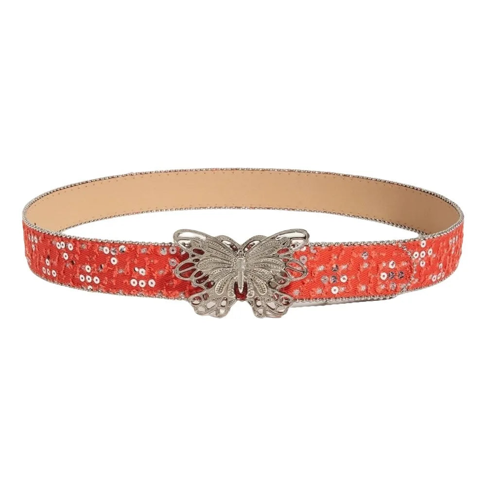 Fashion Sequins Butterfly Belt Y2K Hip Hop Wide Belt Punk Korean Style Denim Waistbands Daily Qme Red