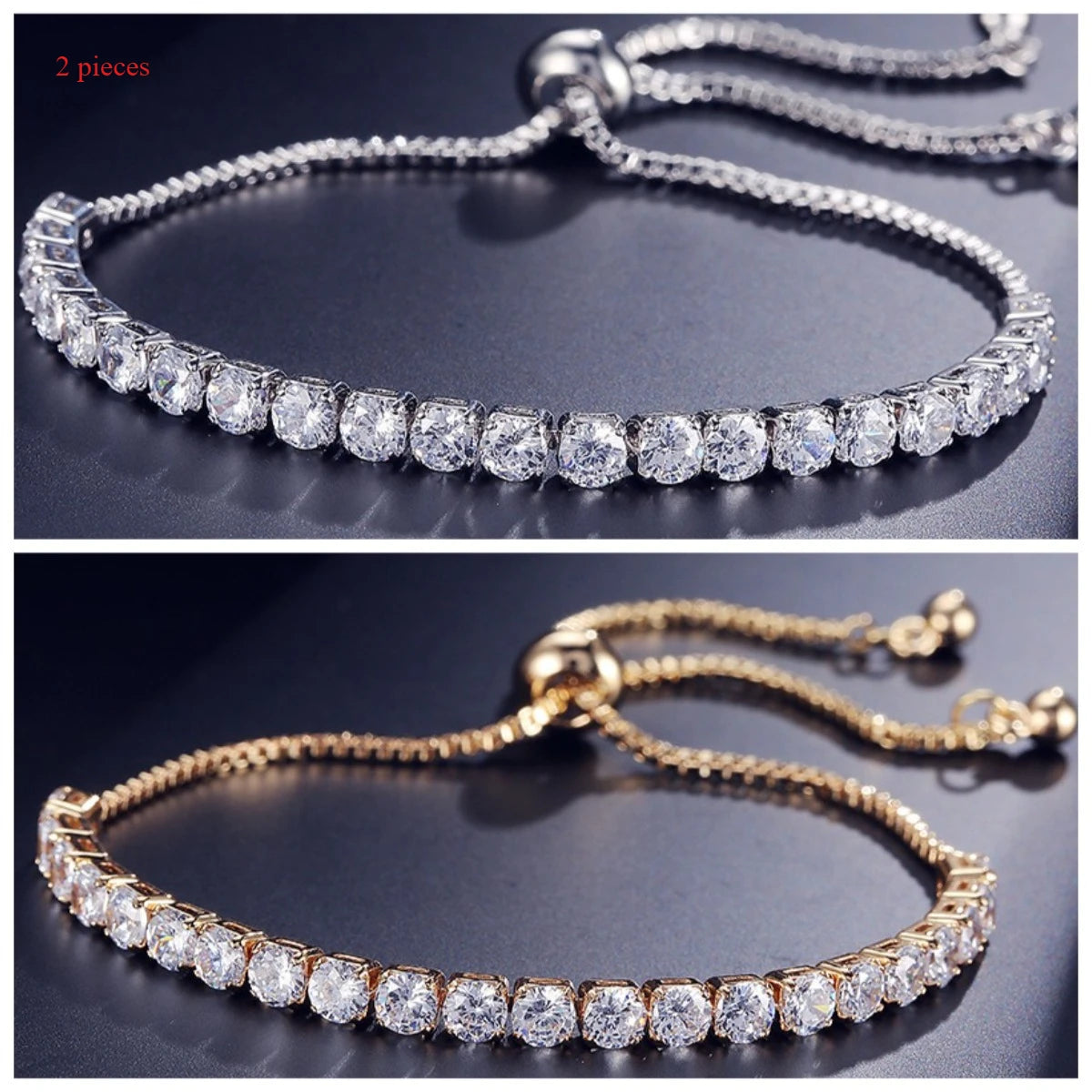 1-2 pieces Women's Geometric Round 4mm Zircon Bracelet Adjustable Slider Chain Versatile Fashion Jewelry Qme Wht-Gold