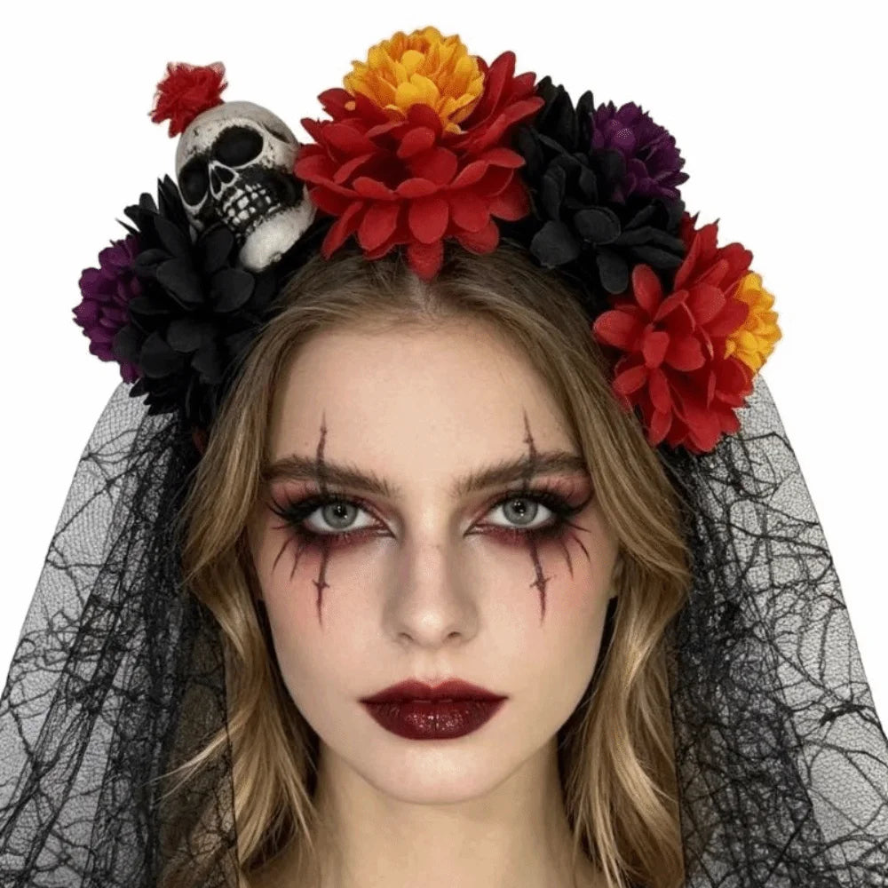 Artificial Flower Halloween Flower Headband Floral Black Veil Ghost Festival Headpiece Lightweight Photo Prop Qme