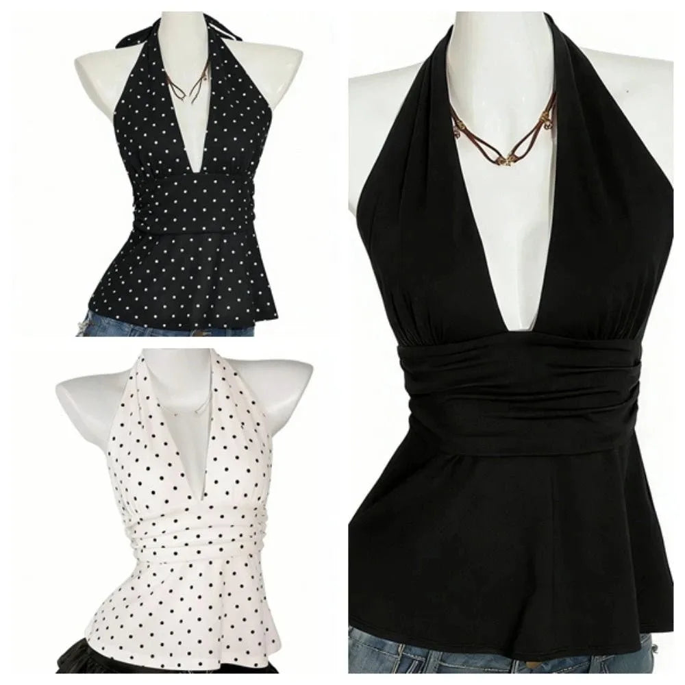 Fashion Sleeveless Women Crop Pleated Y2k Lace-up Dots Camisole Beach Qme