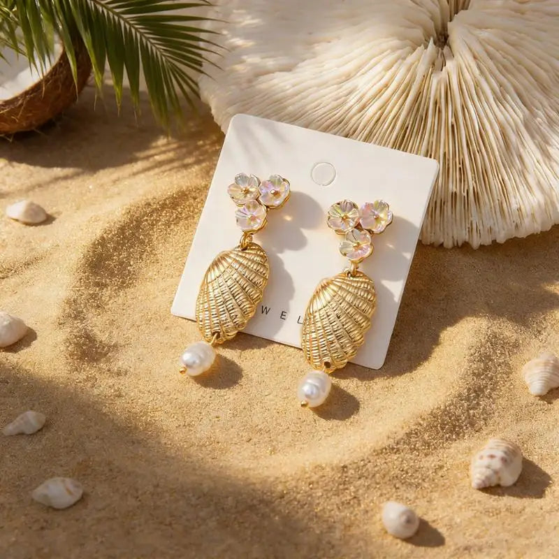 Bohemian Shell Pearl Drop Earrings Gold Plated Ocean Women Beach Qme A4