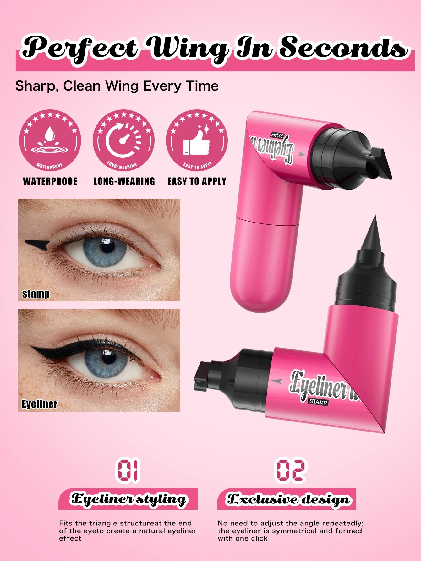 2 IN 1 Rotatable Winged Eyeliner Stamp Waterproof Quick Dry No Smudge Long Lasting Liquid Eyeliner Pen for Beginners Lazy Makeup Qme