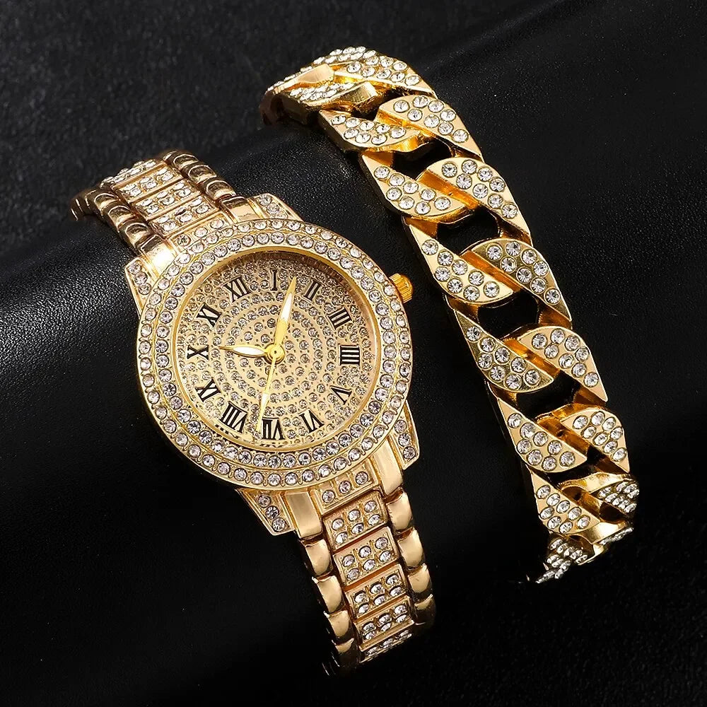 Diamond Women Watches Gold Watch Ladies Wrist Watches Luxury Brand Rhinestone Womens Bracelet Watches Female Relogio Feminino Qme Gold