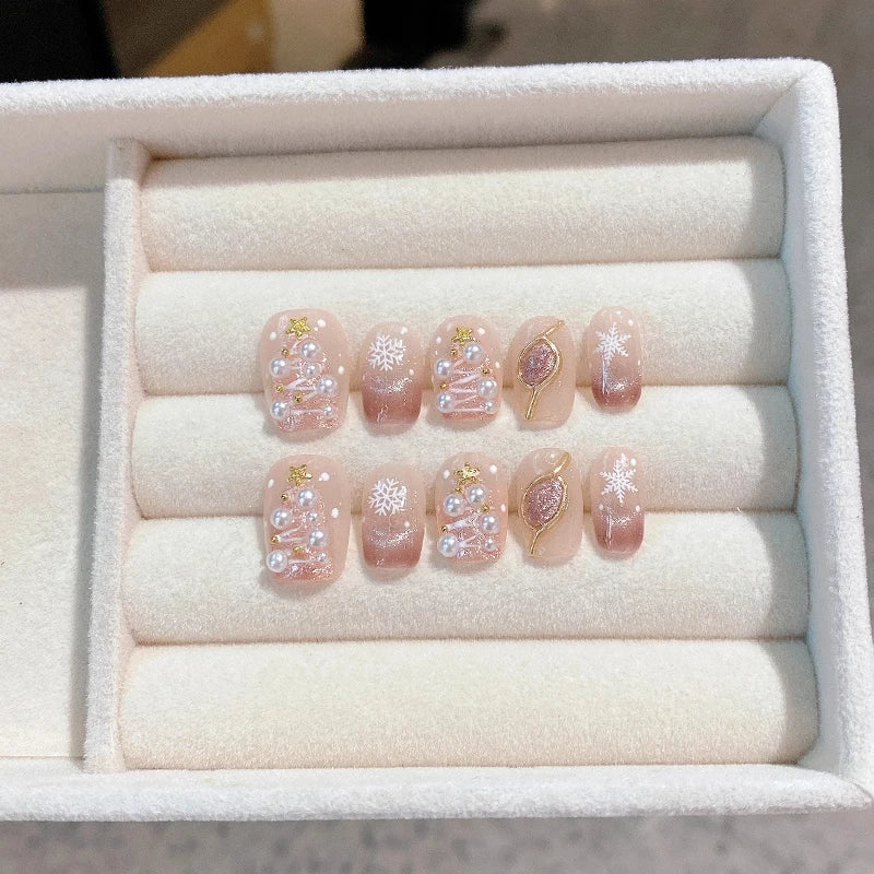 Cute Christmas Snowflake Deer Handmade Press Nails Cat Eye Short Qme GJ-CDJ-ZB51-S