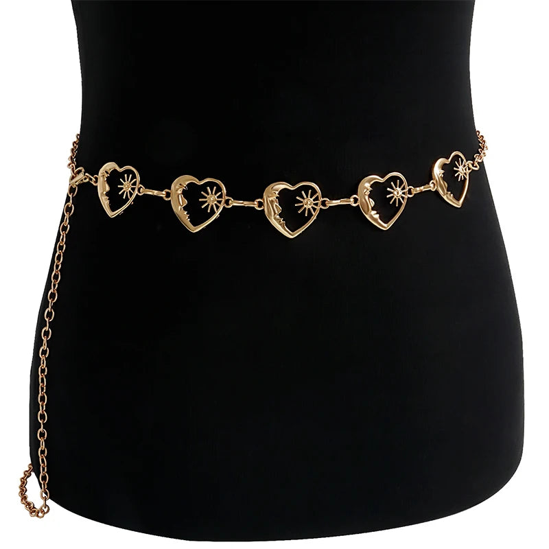 Harajuku Punk Moon Metal Belts Women Vintage Gothic Sun Waist Chain Qme Gold