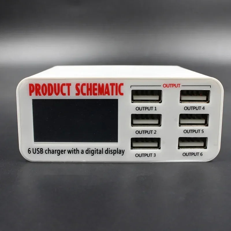 6port 6A Smart Multi Port Fast Charge Digital Universal Automatic Identification Charge Independent LCD Display Phone Charger Qme