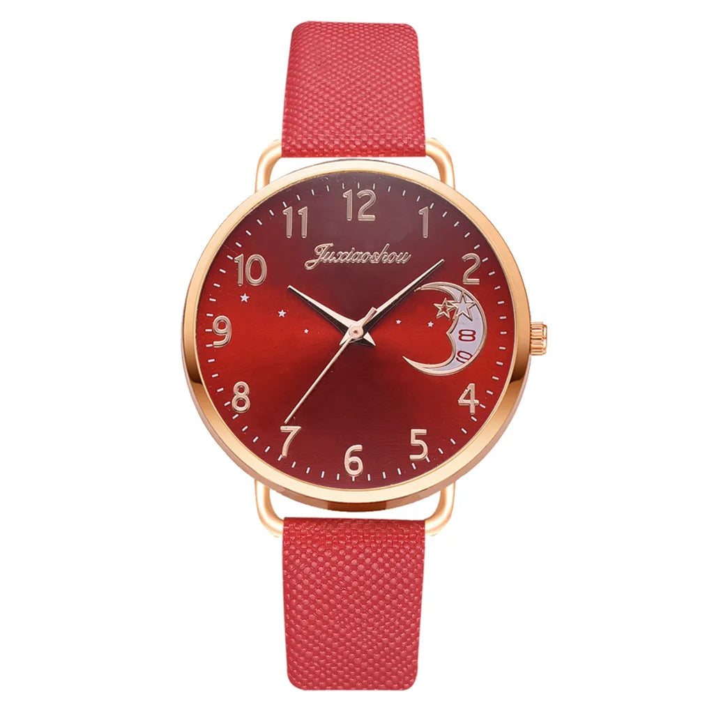 1-piece casual women's watch, moon digital dial, women's leather strap, quartz watch, women's watch Qme Red No