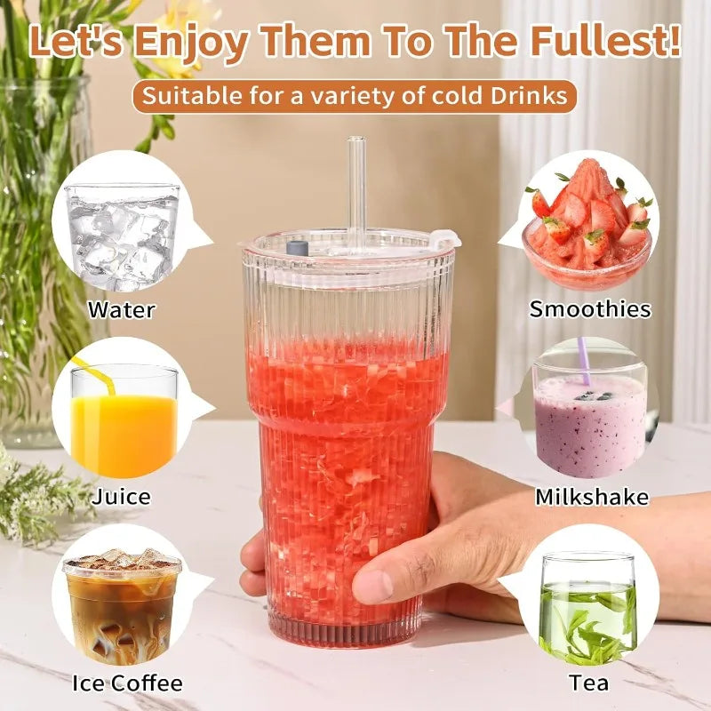 400/600ML Striped Glass Coffee Cup Transparent Drinking Cup with Lid and Straw Large Capacity Juice Iced Coffee Cup Drinking Cup Qme