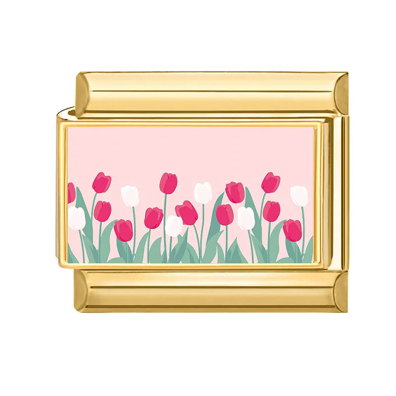 Y2K Pink Series Super Cute Cats Rabbits Tulip Lotus Cherry Golden Italian Charm Link Fit 9MM Stainless Steel Bracelet DIY Making Qme Style 1