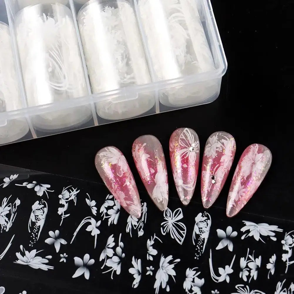 10Roll Box Plaid Flower Nail Foil Transfer Stickers Art Self-adhesive Qme