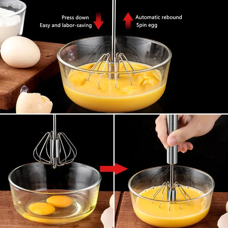 Semi-automatic Egg Beater 304 Stainless Steel Egg Whisk Manual Hand Mixer Self Turning Egg Stirrer Kitchen Accessories Egg Tools Qme
