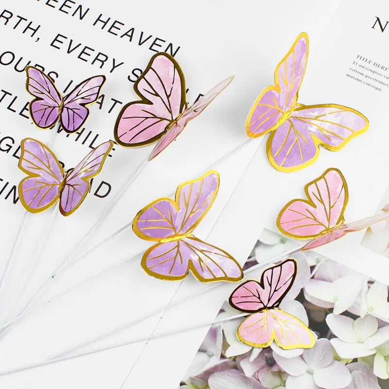 10Pcs/Set Butterfly Cake Toppers Painted Butterfly Birthday Cakes Wedding Party Baking Supplies Fairy Decoration Plug-in Card. Qme