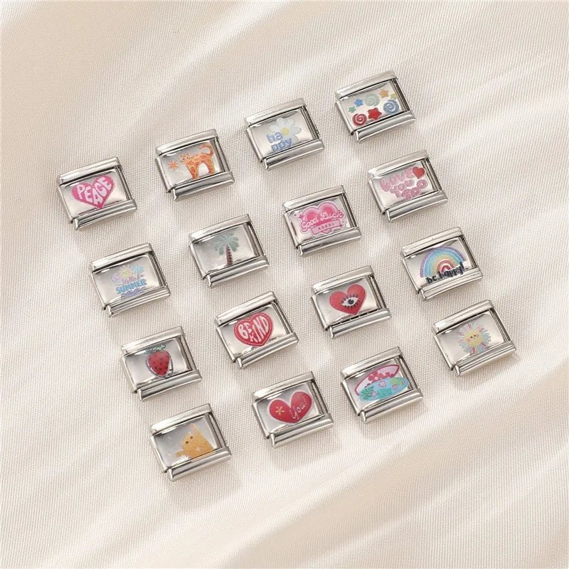 Colorful Rainbow Funny Cats Heart Pattern Flower Sun Italian Charm Links Fit 9mm Stainless Steel Bracelet Women DIY Making Gifts Qme