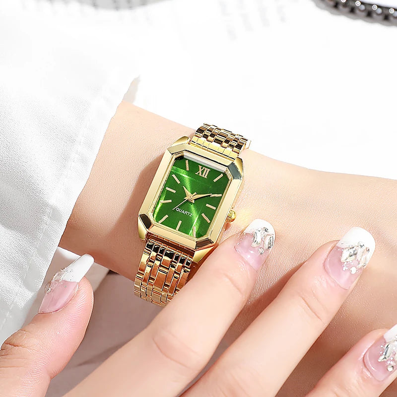 Fashion Light Luxury Square Dial Alloy Strap Women's Quartz Watch Jewelry Set 6 Piece Set for Holiday Gifts Qme