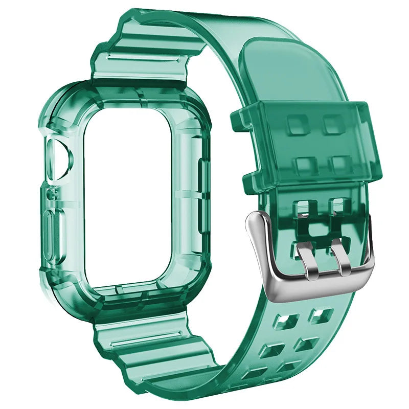 T 1 PCS Suitable for Apple Watch Transparent Jelly Colored Silicone Strap Integrated Waterproof Watch Protective Case for iWatch Qme green 42 44 45mm