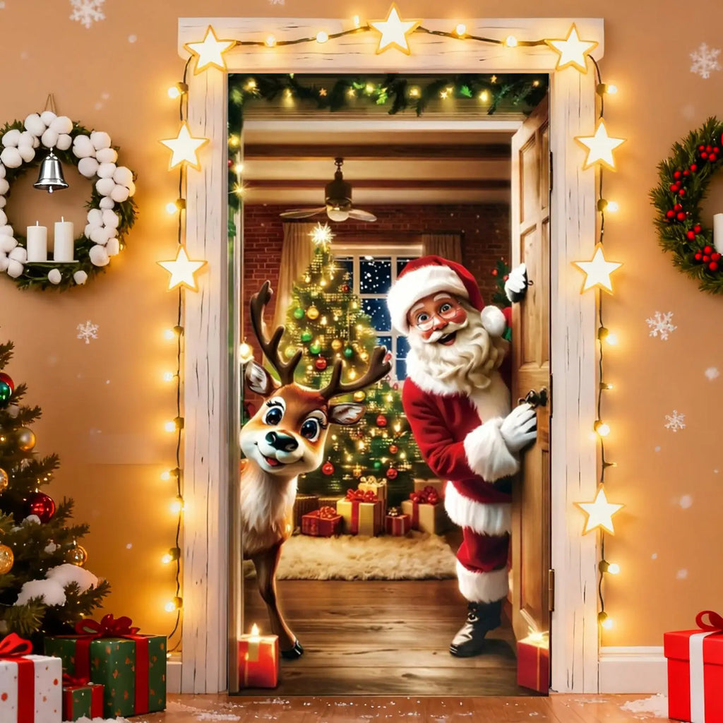 NEW Christmas Front Door Decoration Cover 2D Winter Holiday Party Background Christmas Door Wrap For Indoor Outdoor Home Kitchen Qme