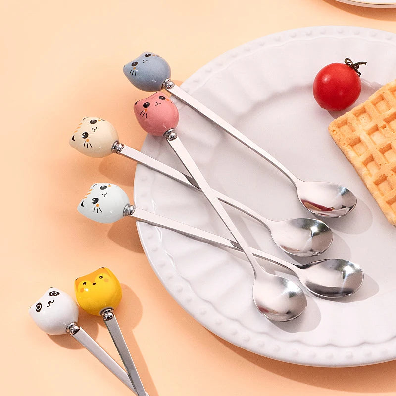 Coffee Dessert Spoons Flatware Kitchen Tools Stainless Steel Long Cat Qme