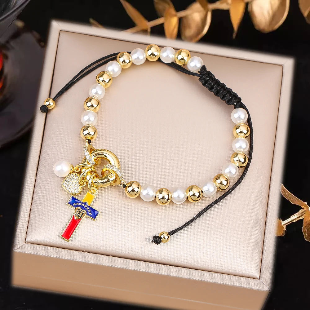 Venezuela Flag Cross Black Rope Braided Pearl Bracelet for Man Woman Party Wedding Crown Zirconia Jewelry Daily Wear Qme B