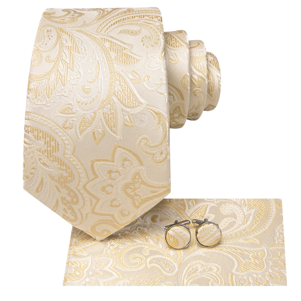 Hi-tie Floral Champagne Ivory Mens Elegant Necktie Handkerchief Qme