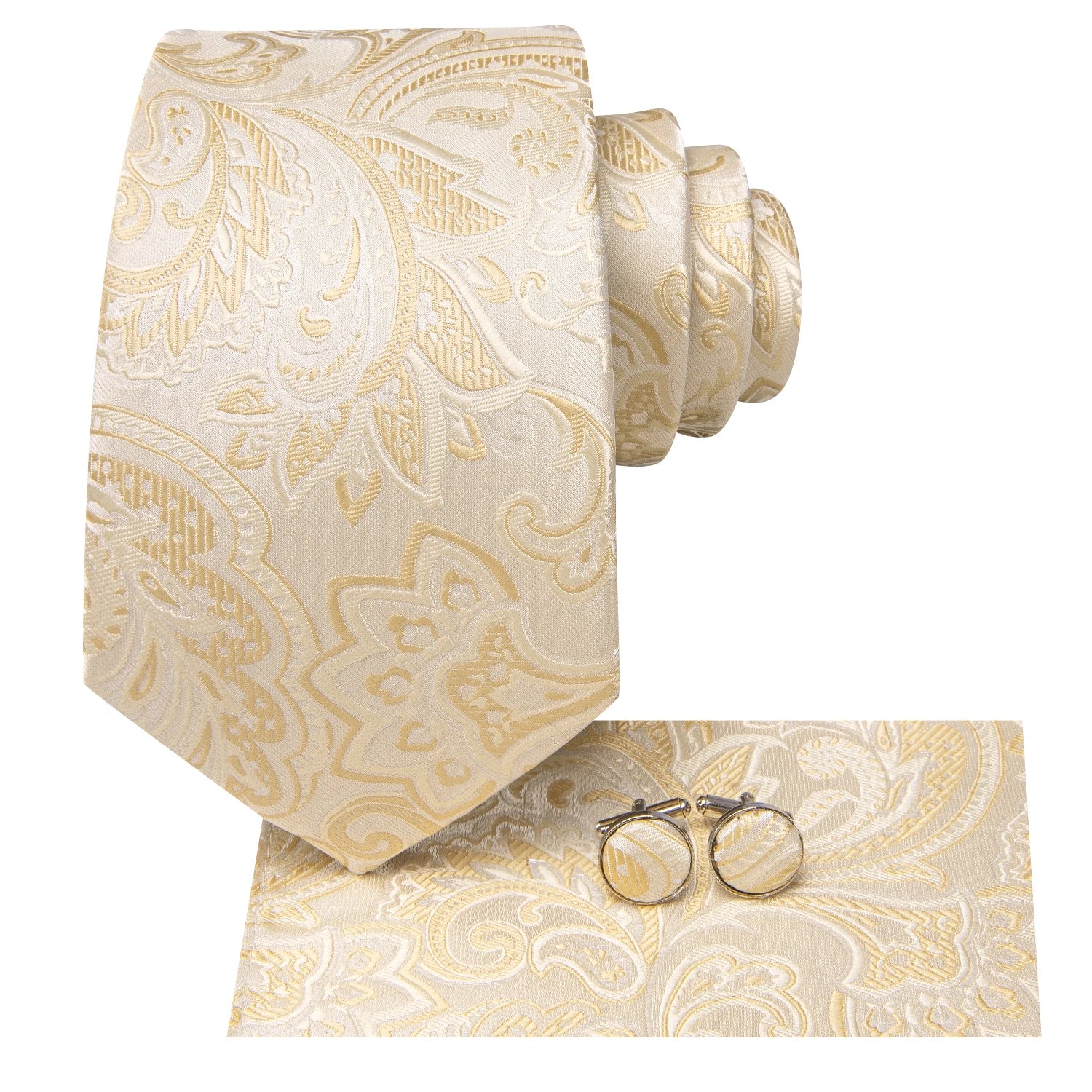 Hi-tie Floral Champagne Ivory Mens Elegant Necktie Handkerchief Qme