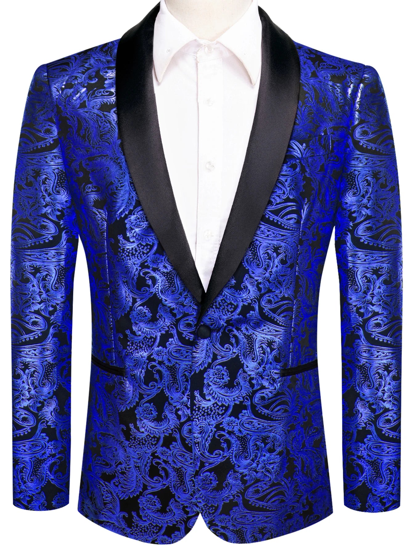 Mens Royal Blue Paisley Jacquard Shawl Lapel Blazer Luxury Single Breasted Tuxedo Jacket Formal Suit Coat for Wedding Prom Party Qme XX-1107 XXL