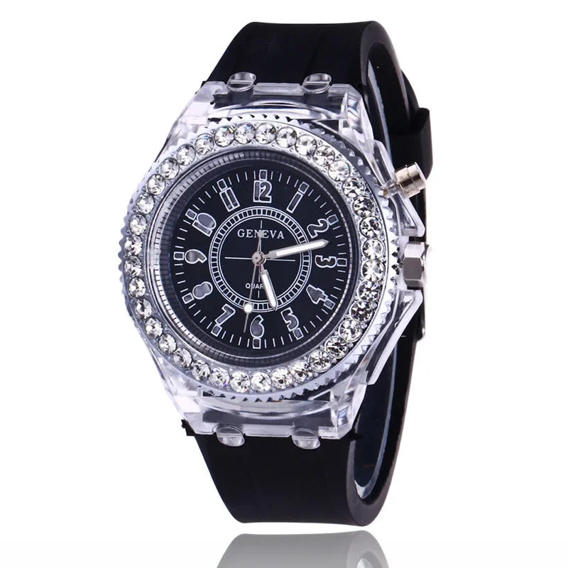 Luminous Round Digital Watches Solid Color Inlaid Rhinestone Sports Watch Couple Waterproof Wrist Watch Qme black