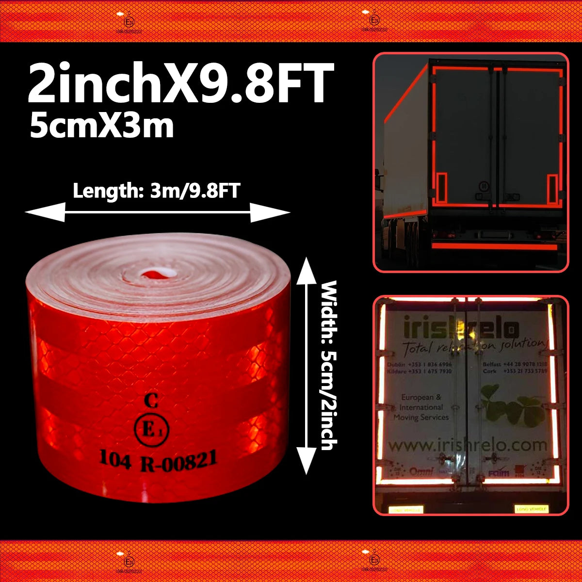 32.8FT 104R Reflective Safety Tape Reflective Tape Sticker Safety Mark Self-adhesive Warning Strip Retro-reflective Sheeting Qme Red 3m