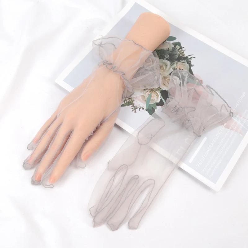 Sexy Transparent Lace Black White Gloves Solid Fashion Women Drive Qme GRAY