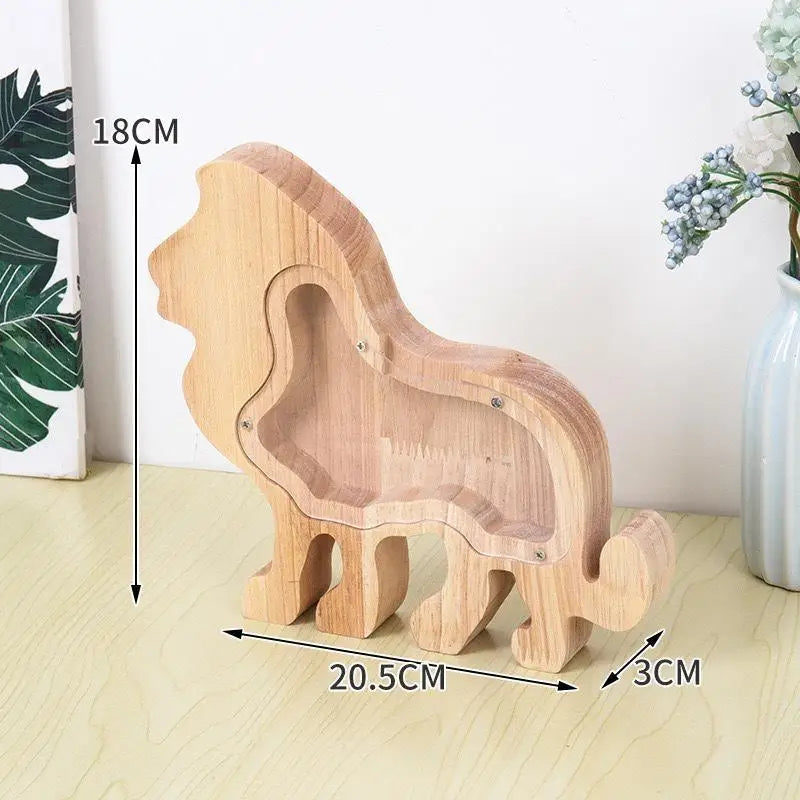 Wooden Animal Piggy Bank Transparent Cat Elephant Dinosaur Wood Qme Lion