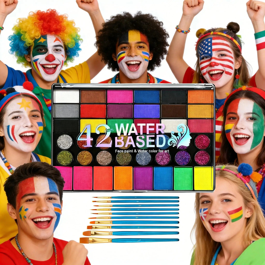 42 Colors Water Based Face Body Paint 10 Brushes Safe Non-toxic Qme