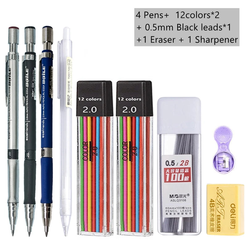 2.0mm Mechanical Pencil Set with 2B Black/Colors Lead Refill for Writing Sketching Art Drawing Painting School Automatic Pencil Qme Color Pencil set E
