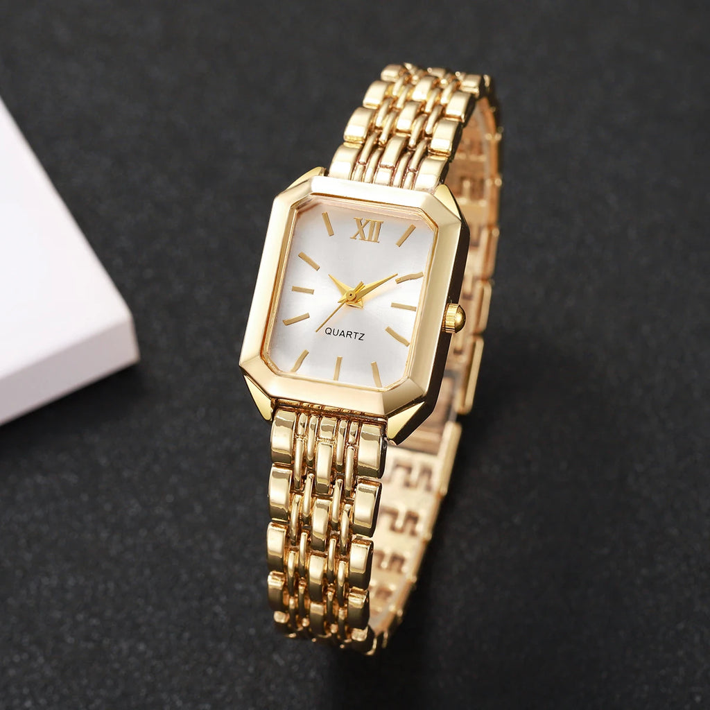 6PCS Simple and versatile square quartz watch with steel strip, fashionable quartz watch, fashionable light luxury student watch Qme